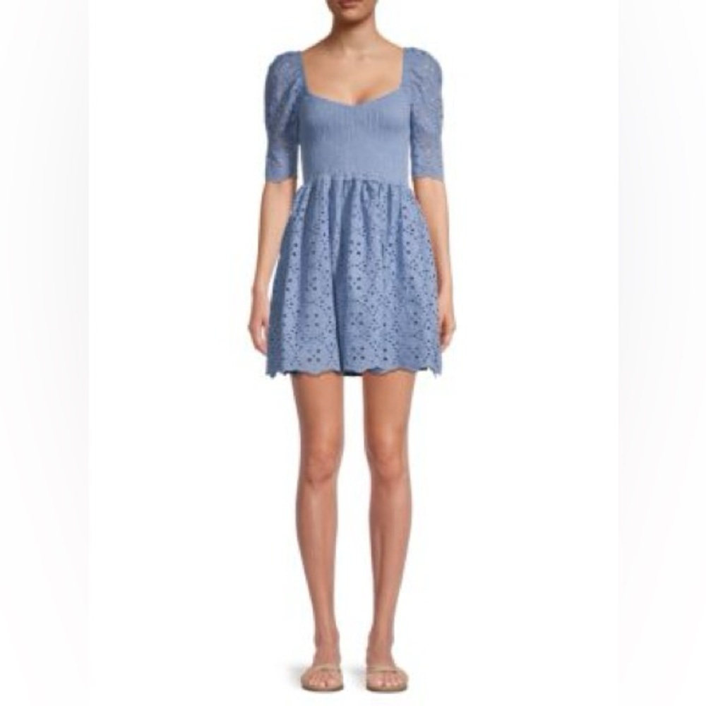 Betsey Johnson - Smocked Eyelet Embroidered Baby Blue Mini Dress Size Large